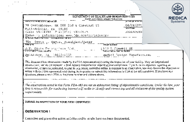 FDA 483 - D.T. Davis Enterprises Ltd. [Allentown / United States of America] - Download PDF - Redica Systems