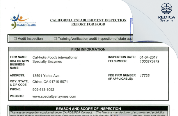 EIR - Cal-India Foods International [Chino / United States of America] - Download PDF - Redica Systems