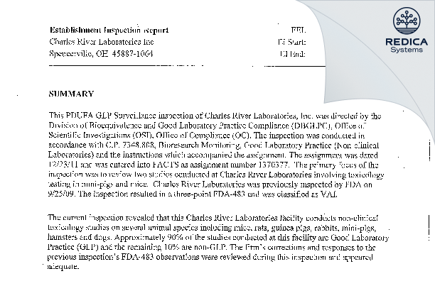 EIR - Charles River Laboratories Inc [Spencerville / United States of America] - Download PDF - Redica Systems