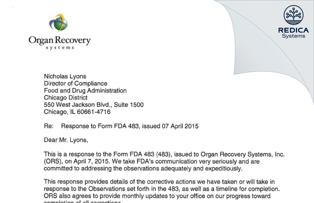 FDA 483 Response - Organ Recovery Systems, Inc. [Itasca / United States of America] - Download PDF - Redica Systems