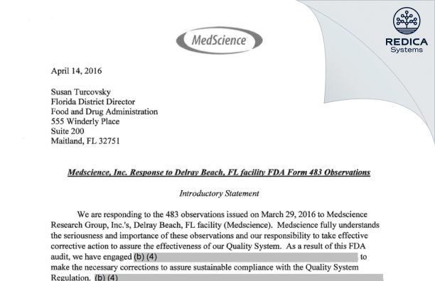 FDA 483 Response - Medscience Research Group Inc [West Palm Beach / United States of America] - Download PDF - Redica Systems