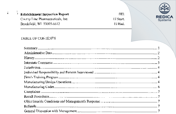 EIR - County Line Pharmaceuticals, LLC [Brookfield / United States of America] - Download PDF - Redica Systems