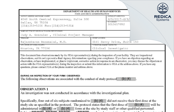 FDA 483 - Rajasekaran Annamalai, M.D. [Houston / United States of America] - Download PDF - Redica Systems