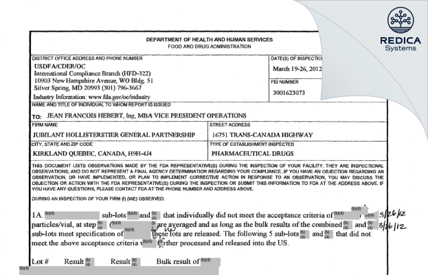 FDA 483 - Jubilant HollisterStier General Partnership [Kirkland / Canada] - Download PDF - Redica Systems