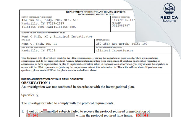 FDA 483 - Kent C. Shih, MD, PI [Nashville / United States of America] - Download PDF - Redica Systems