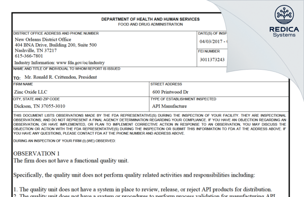 FDA 483 - Zochem LLC [Dickson / United States of America] - Download PDF - Redica Systems