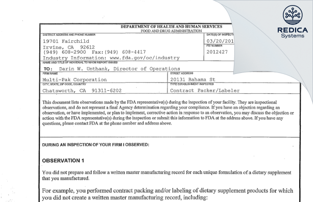 FDA 483 - Multi-Pak Corporation [Chatsworth / United States of America] - Download PDF - Redica Systems