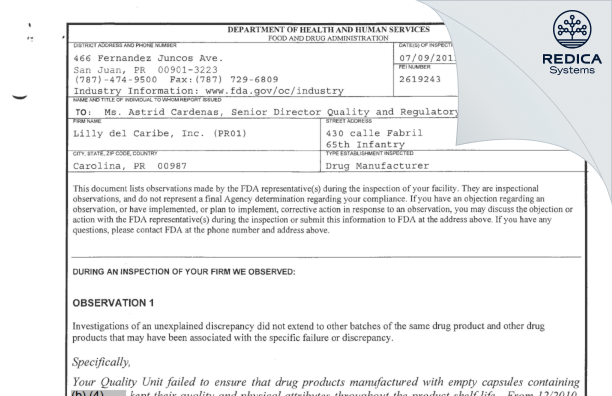 FDA 483 - Lilly del Caribe, Inc. [Carolina / United States of America] - Download PDF - Redica Systems