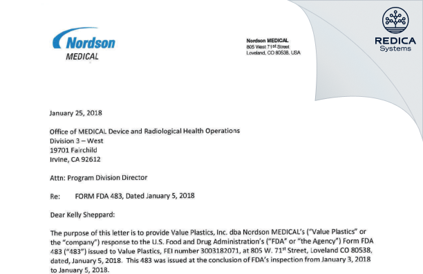 FDA 483 Response - Value Plastics, Inc. dba Nordson Medical [Loveland / United States of America] - Download PDF - Redica Systems