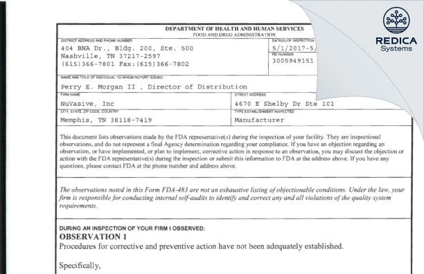 FDA 483 - NuVasive, Inc [Memphis / United States of America] - Download PDF - Redica Systems