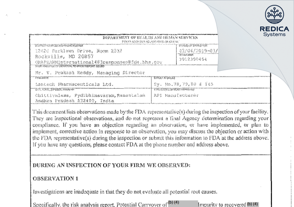 FDA 483 - APARNA ORGANICS LIMITED [India / India] - Download PDF - Redica Systems