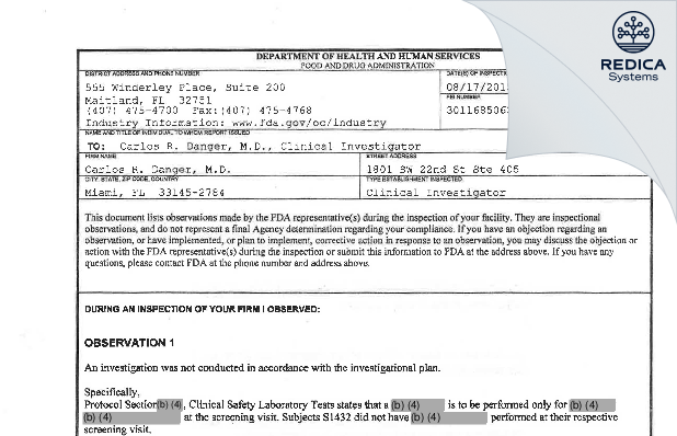 FDA 483 - Carlos Danger, M.D. [Miami / United States of America] - Download PDF - Redica Systems
