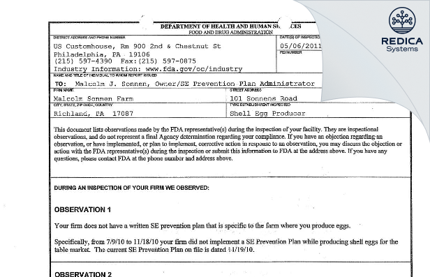 FDA 483 - Malcolm Sonnen [Richland / United States of America] - Download PDF - Redica Systems