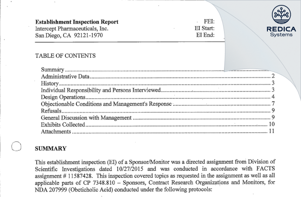 EIR - Intercept Pharmaceuticals [San Diego / United States of America] - Download PDF - Redica Systems
