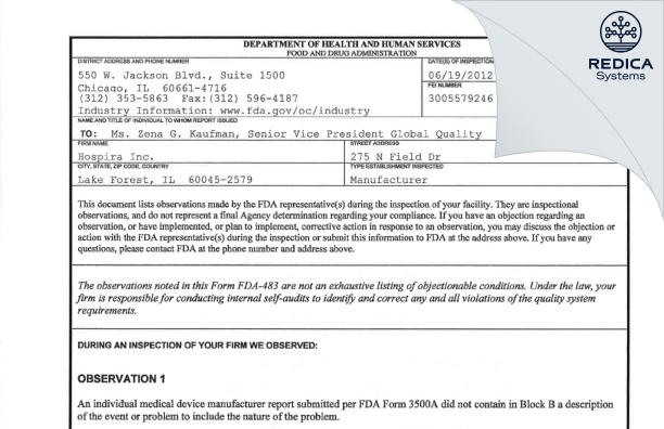 FDA 483 - Hospira Inc., A Pfizer Company [Lake Forest / United States of America] - Download PDF - Redica Systems