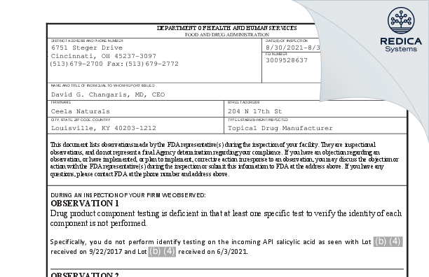FDA 483 - Ceela Naturals [Louisville / United States of America] - Download PDF - Redica Systems