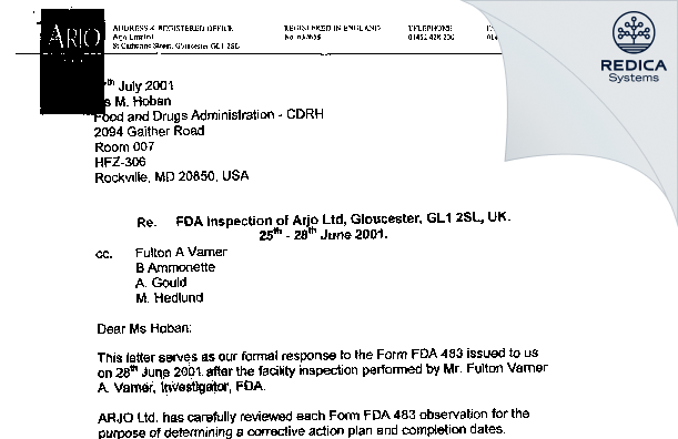 FDA 483 Response - Arjo Med. AB [Gloucester / United Kingdom of Great Britain and Northern Ireland] - Download PDF - Redica Systems