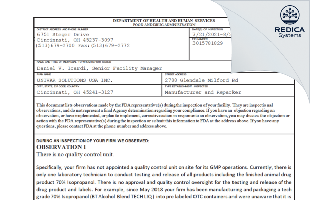 FDA 483 - Univar Solutions USA Inc. [Cincinnati Ohio / United States of America] - Download PDF - Redica Systems