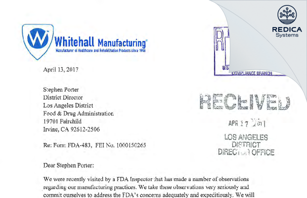 FDA 483 Response - Whitehall/Div of Acorn Engineering Co [City Of Industry / United States of America] - Download PDF - Redica Systems
