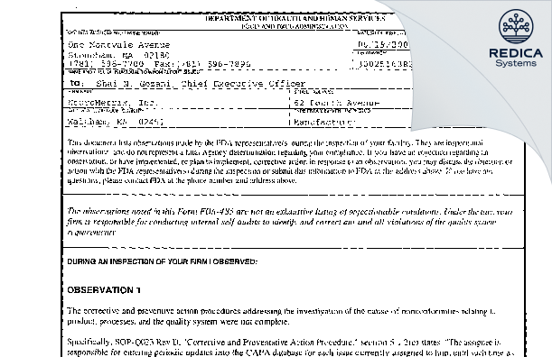 FDA 483 - NeuroMetrix, Inc. [Waltham / United States of America] - Download PDF - Redica Systems
