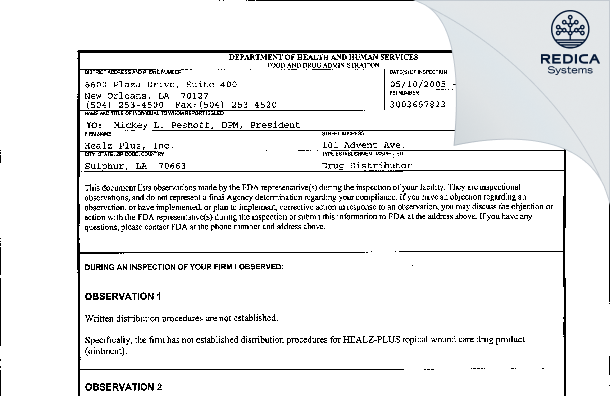 FDA 483 - Healz-Plus, Inc. [Sulphur / United States of America] - Download PDF - Redica Systems