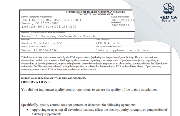 FDA 483 - Fusion Formulations LLC [Tempe / United States of America] - Download PDF - Redica Systems