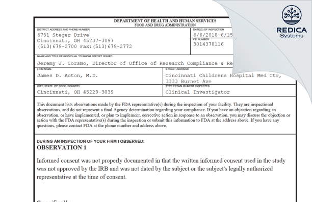 FDA 483 - James D. Acton, M.D. [Cincinnati / United States of America] - Download PDF - Redica Systems