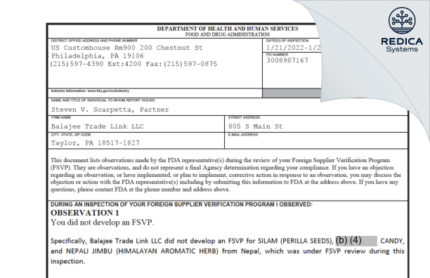 FDA 483 - Balajee Trade Link LLC [Taylor / United States of America] - Download PDF - Redica Systems