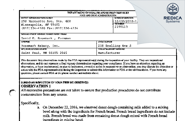 FDA 483 - Rosemark Bakery, Inc. [Saint Paul / United States of America] - Download PDF - Redica Systems