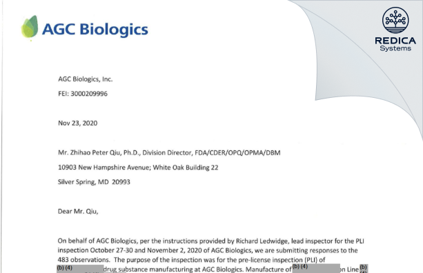 FDA 483 Response - AGC Biologics, Inc. [Bothell / United States of America] - Download PDF - Redica Systems