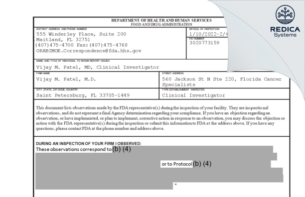 FDA 483 - Vijay M. Patel, M.D. [Saint Petersburg / United States of America] - Download PDF - Redica Systems