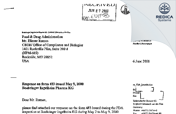 FDA 483 Response - Boehringer Ingelheim Pharma GmbH and Co. KG [Biberach An Der Riss / Germany] - Download PDF - Redica Systems