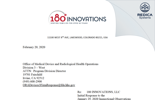FDA 483 Response - 180 Innovations LLC [Lakewood / United States of America] - Download PDF - Redica Systems