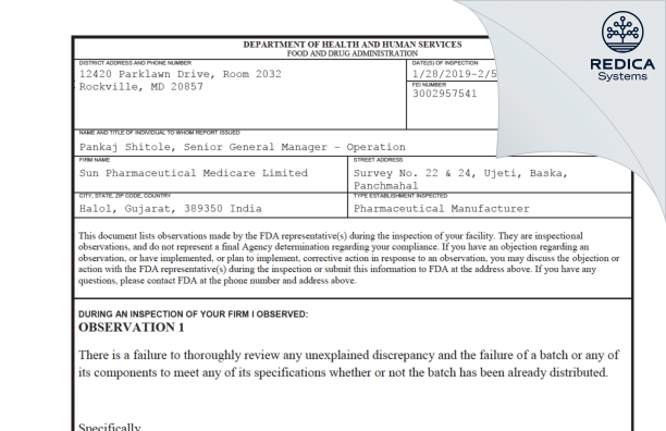 FDA 483 - Sun Pharmaceutical Medicare Limited [India / India] - Download PDF - Redica Systems