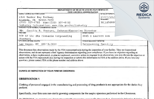 FDA 483 - PCP LV LLC dba Pinnacle Compounding Pharmacy [Las Vegas / United States of America] - Download PDF - Redica Systems