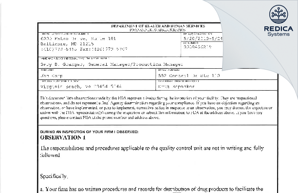 FDA 483 - JBC Corp [Virginia Beach Virginia / United States of America] - Download PDF - Redica Systems