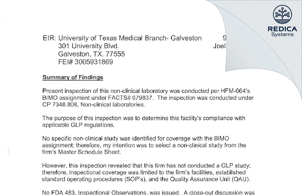 EIR - UTMB-Galveston [Galveston / United States of America] - Download PDF - Redica Systems