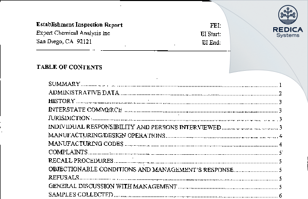 EIR - Expert Chemical Analysis, Inc. [San Diego / United States of America] - Download PDF - Redica Systems