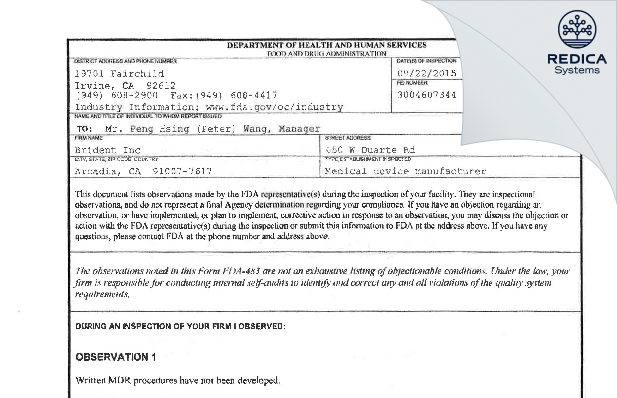 FDA 483 - Brident Inc [Arcadia / United States of America] - Download PDF - Redica Systems