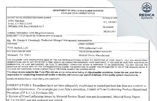 FDA 483 - POM Medical LLC [Moorpark / United States of America] - Download PDF - Redica Systems