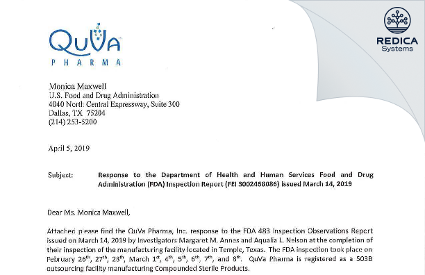 FDA 483 Response - QuVa Pharma, Inc. [Temple / United States of America] - Download PDF - Redica Systems