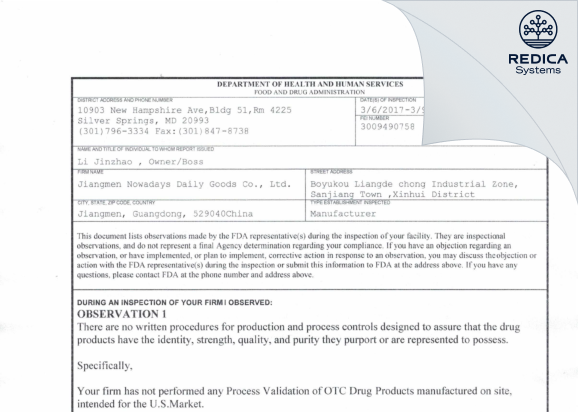 FDA 483 - Jiangmen Nowadays Daily Goods Co., Ltd. [Jiangmen / China] - Download PDF - Redica Systems