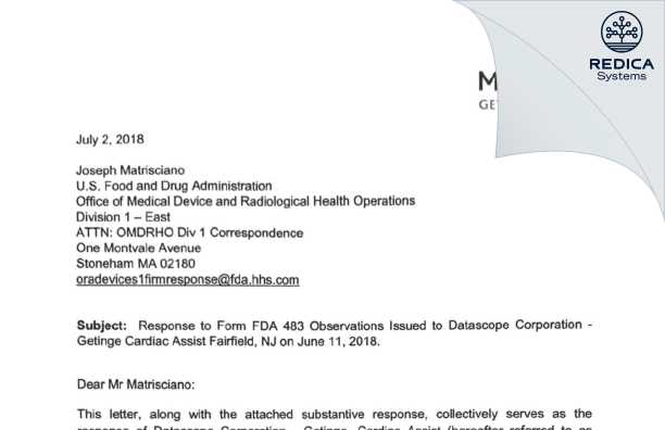 FDA 483 Response - Datascope Corp. [Fairfield / United States of America] - Download PDF - Redica Systems