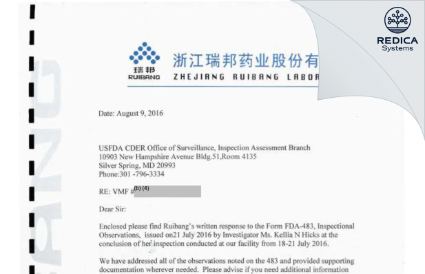 FDA 483 Response - Zhejiang Ruibang Laboratories [China / China] - Download PDF - Redica Systems