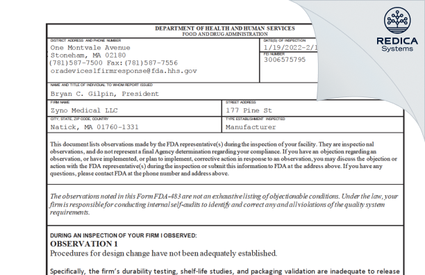 FDA 483 - Zyno Medical LLC [Natick / United States of America] - Download PDF - Redica Systems