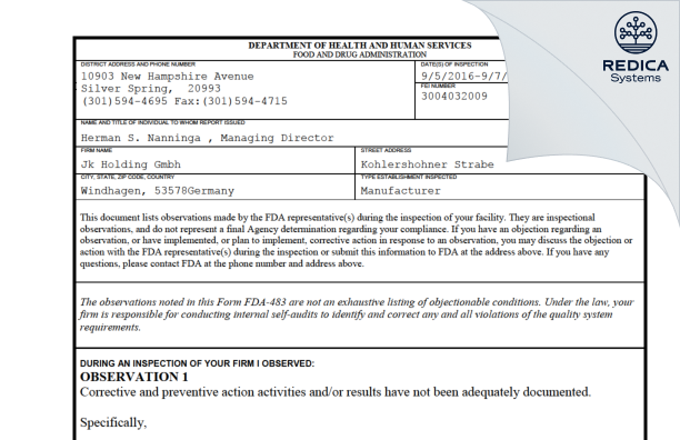 FDA 483 - Jk Holding Gmbh [Windhagen / Germany] - Download PDF - Redica Systems