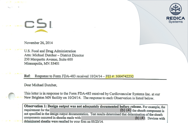FDA 483 Response - Cardiovascular Systems Inc [Saint Paul / United States of America] - Download PDF - Redica Systems