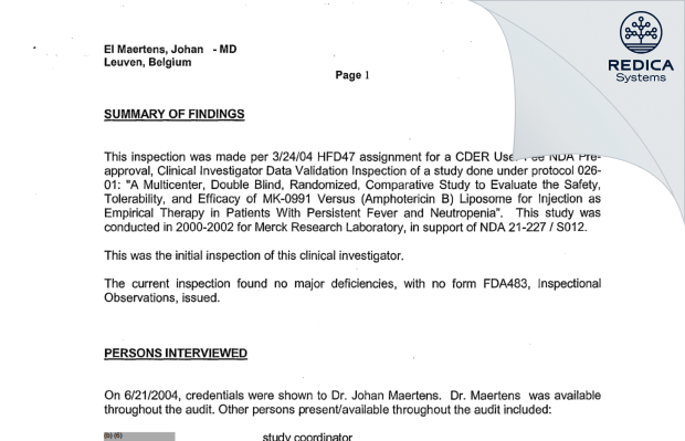 FDA 483 Response - Johan Maertens, M.D. [Leuven / Belgium] - Download PDF - Redica Systems