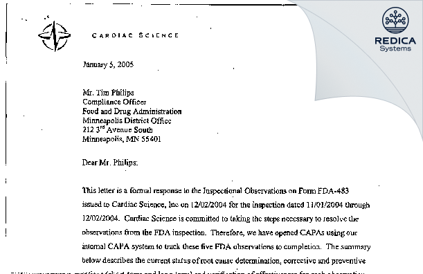 FDA 483 Response - Cardiac Science Corporation [Deerfield / United States of America] - Download PDF - Redica Systems