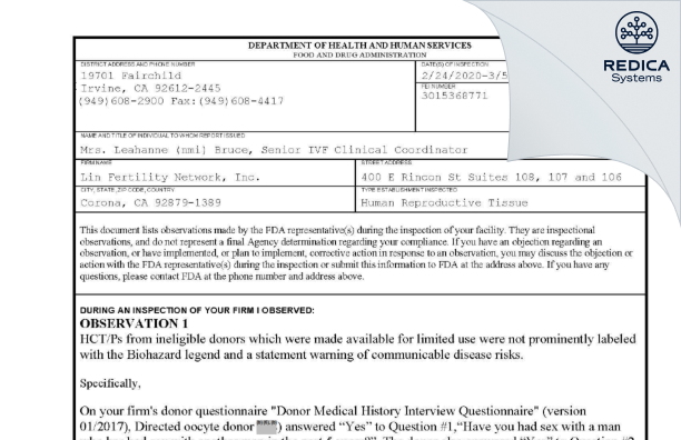 FDA 483 - Lin Fertility Network, Inc. [Corona / United States of America] - Download PDF - Redica Systems